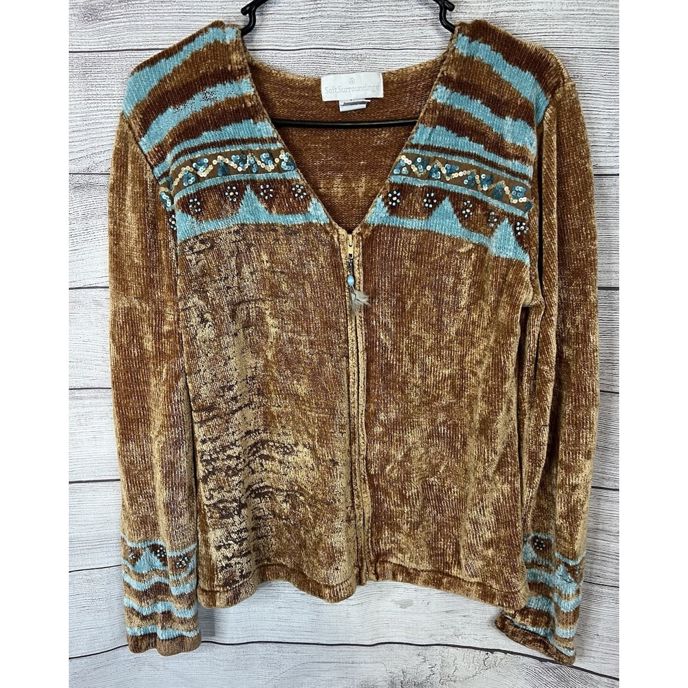 Vintage Soft Surroundings Chenille Zip Cardigan Sweater L Boho Beaded